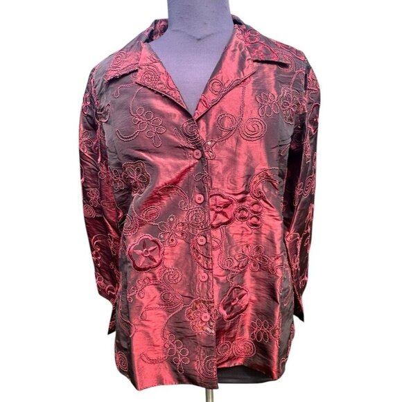 Susan Graver Jacket Women's XL Maroon Satin Button Embroidered Sequins NWT - Picture 2 of 7